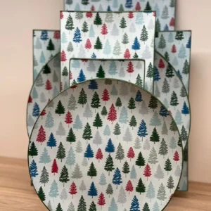 Platos decoupage León para regalar árboles navideños de colores