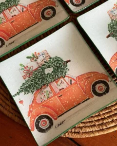 Platos decoupage para regalar Papa Noel en coche con abeto