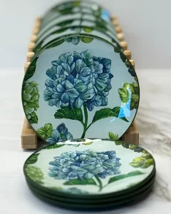 platos decoupage para regalar León hortensias azules