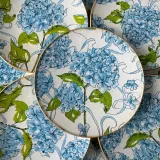 Colección HYDRANGEA ALLOVER platos decoupage para regalar León hortensias azules claras