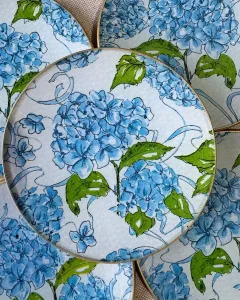 platos decoupage para regalar hortensias azules claras
