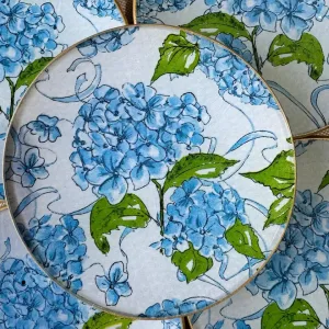 platos decoupage para regalar hortensias azules claras